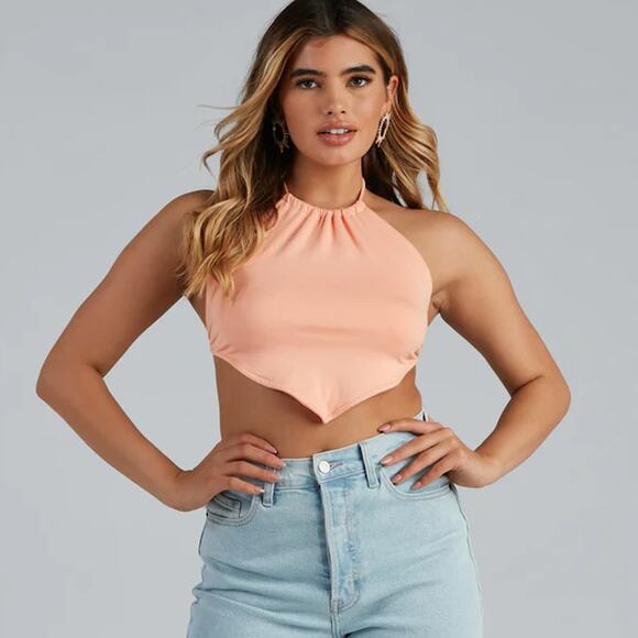 Windsor S Black So Hawt Halter Open Back Handkerchief Crop Top - Picture 7 of 8